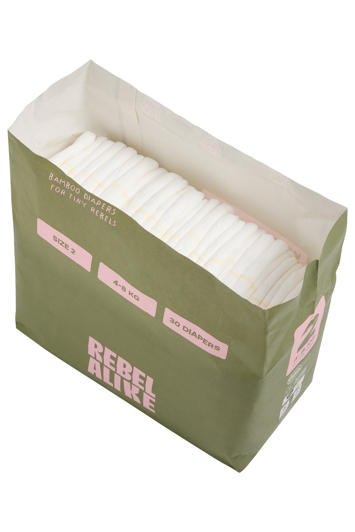 Rebelalike bamboo diapers pack opened, diapers stacked inside