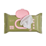 Rebelalike natural baby wipes pack with lid open and a wipe pulled out