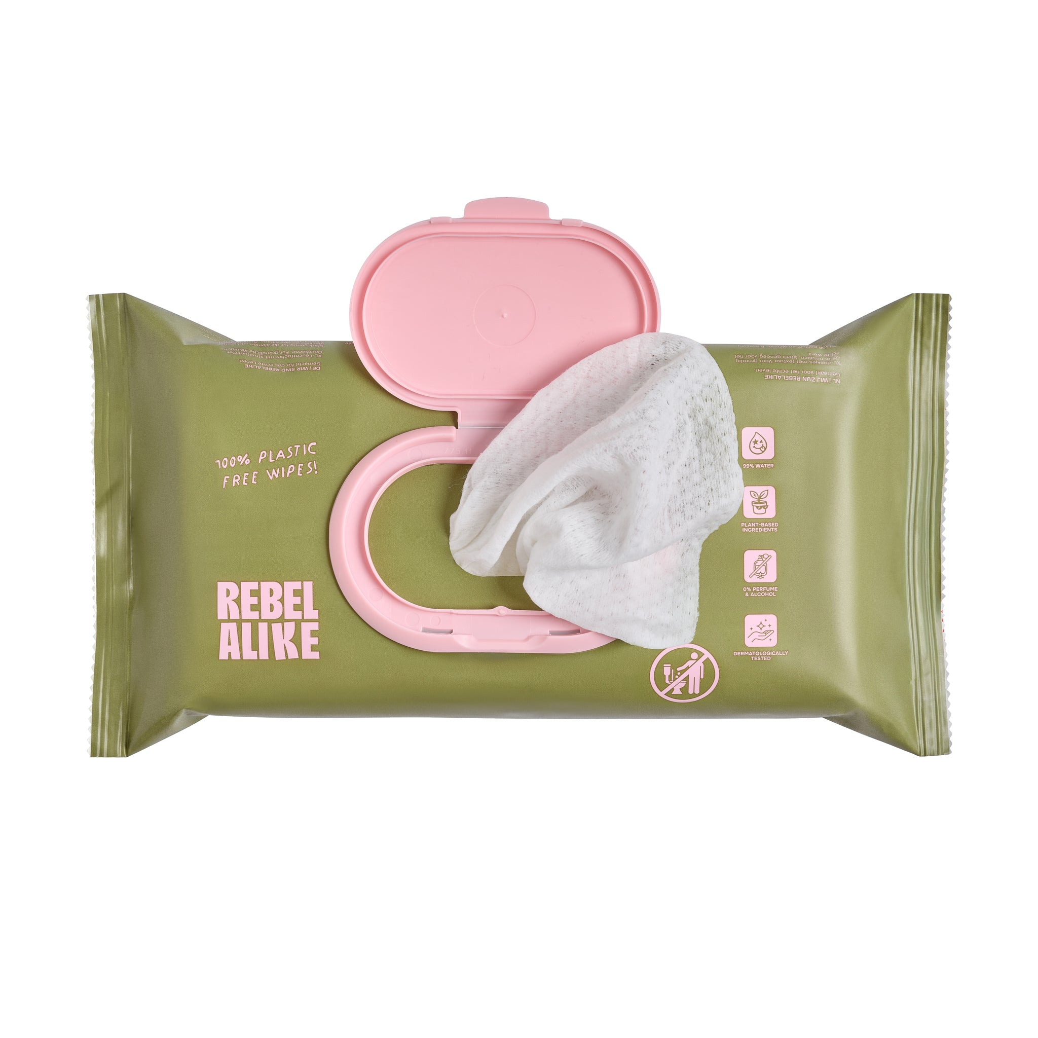 Rebelalike natural baby wipes pack with lid open and a wipe pulled out