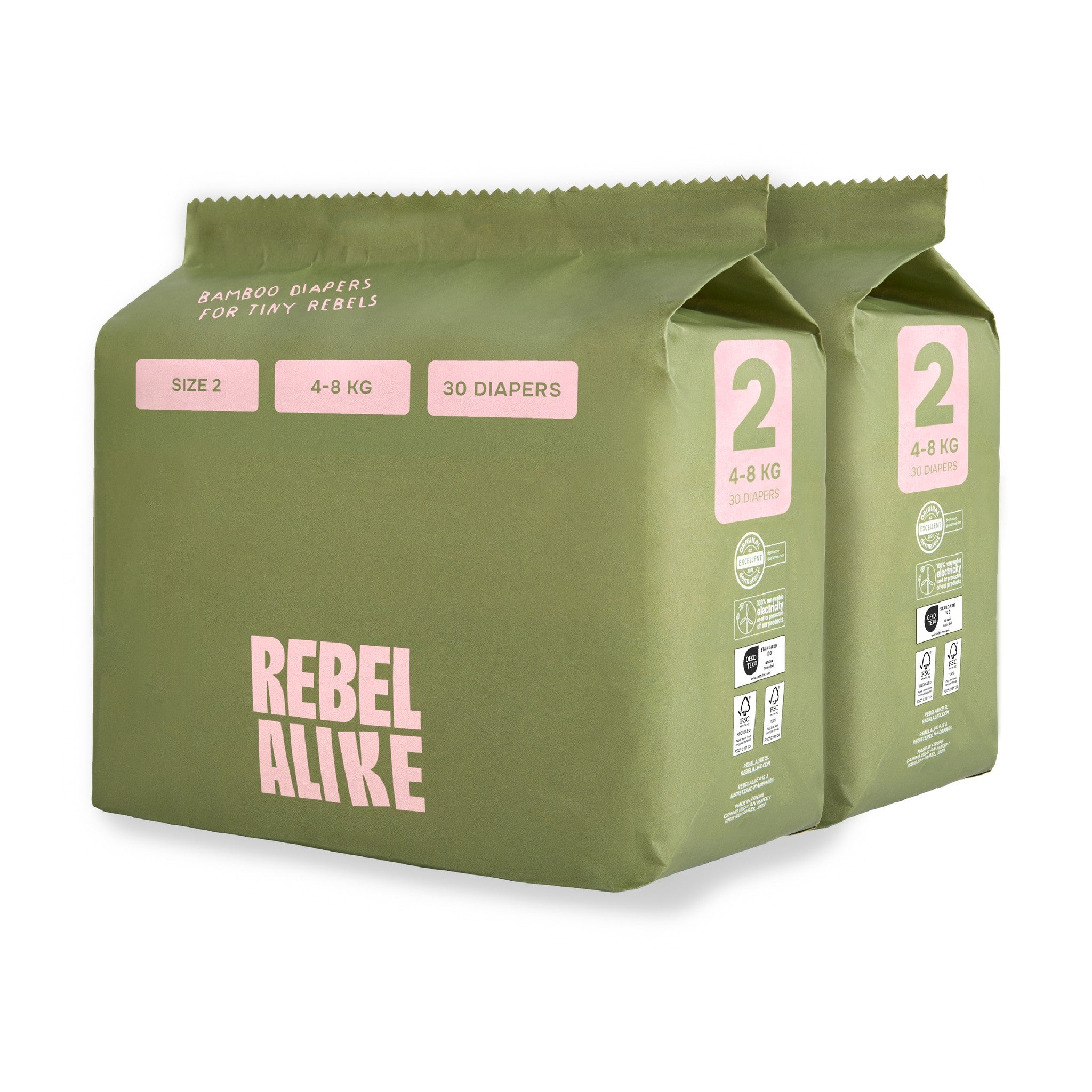 Two packs of Rebelalike bamboo diapers, size 2